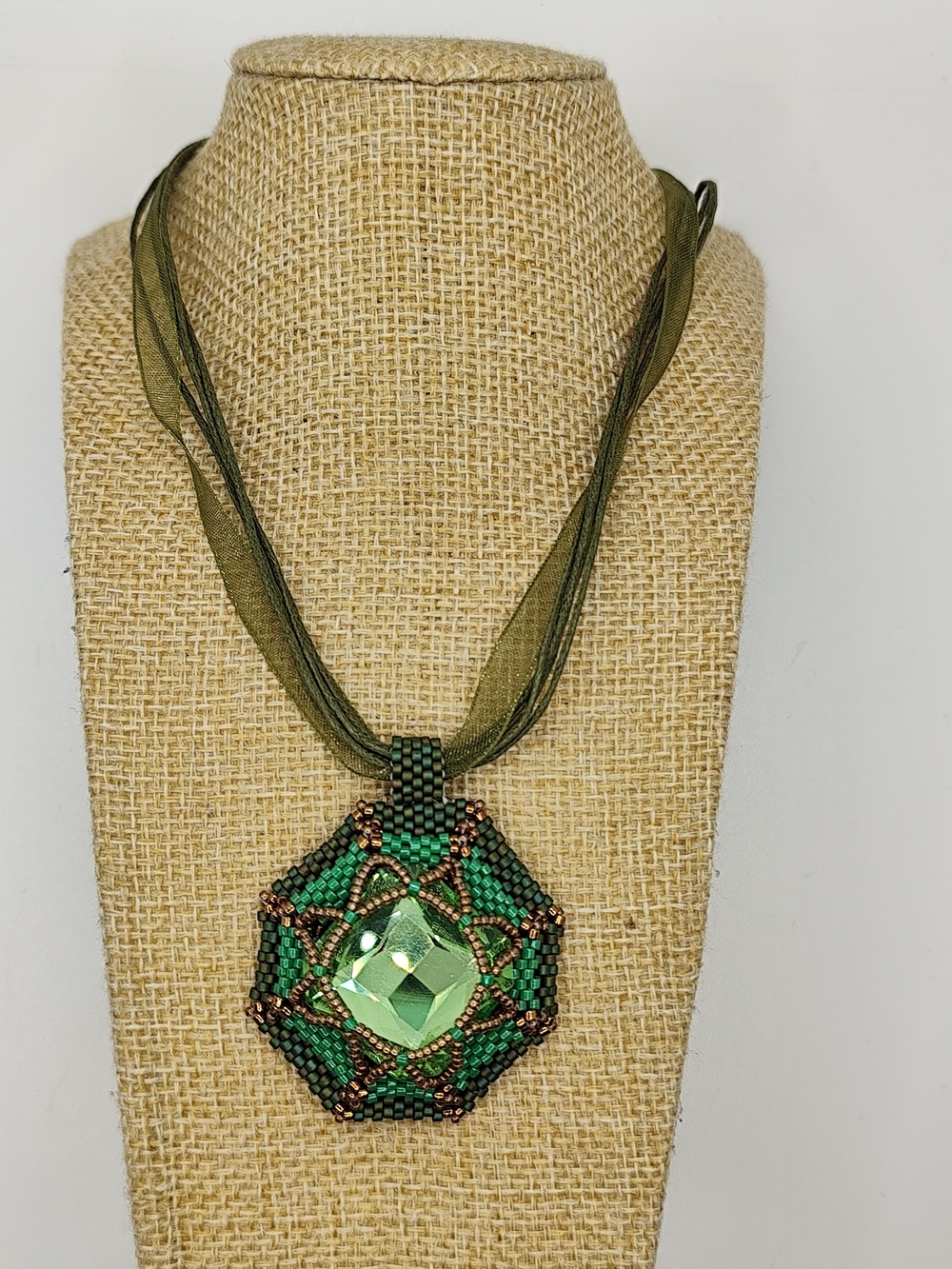 Olive Green Beaded Pendant Necklace with Faceted Centerstone
